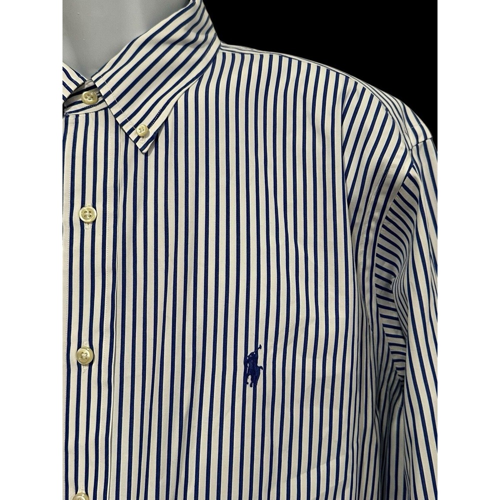 Ralph Lauren Mens Shirt Button White Blue Stripe Blue Pony Classic Fit XXL‎ 18